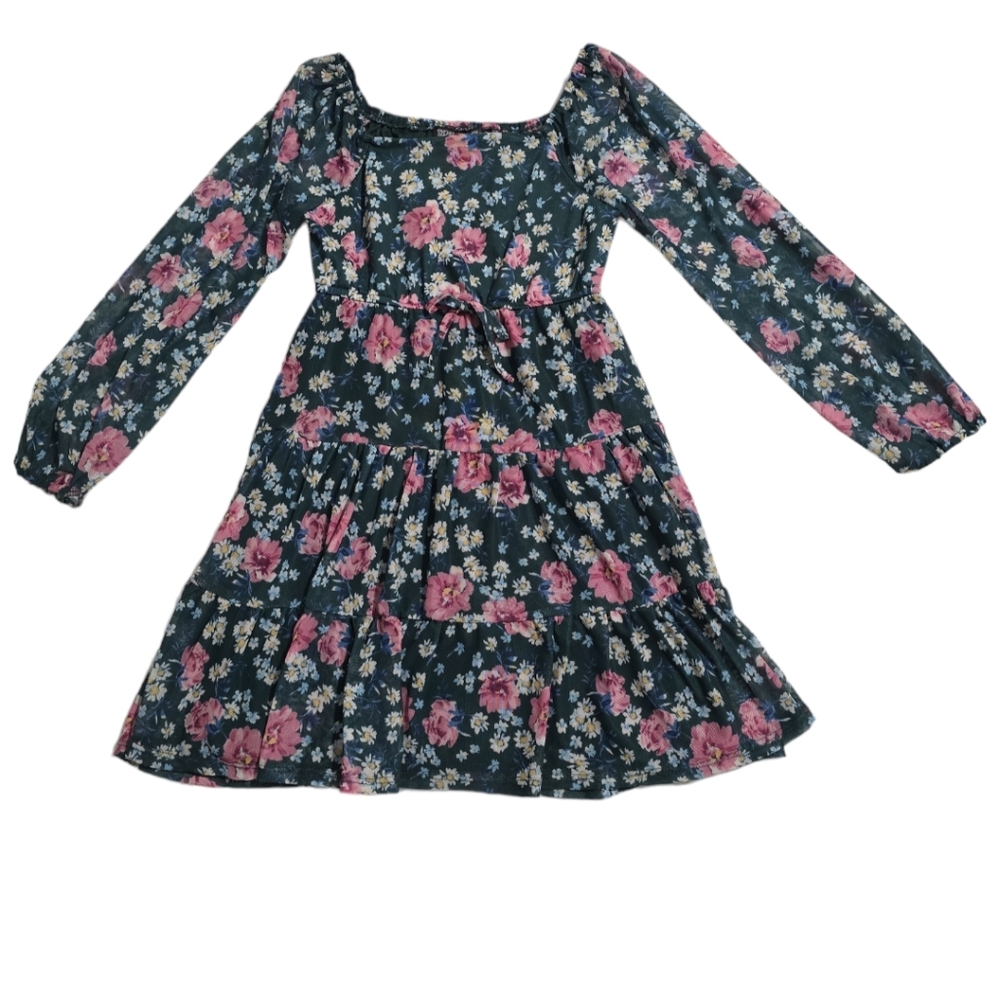 TRIXXIBig Girls Long Sleeve Floral Printed Mesh with Tiered Skirt Dress Size S